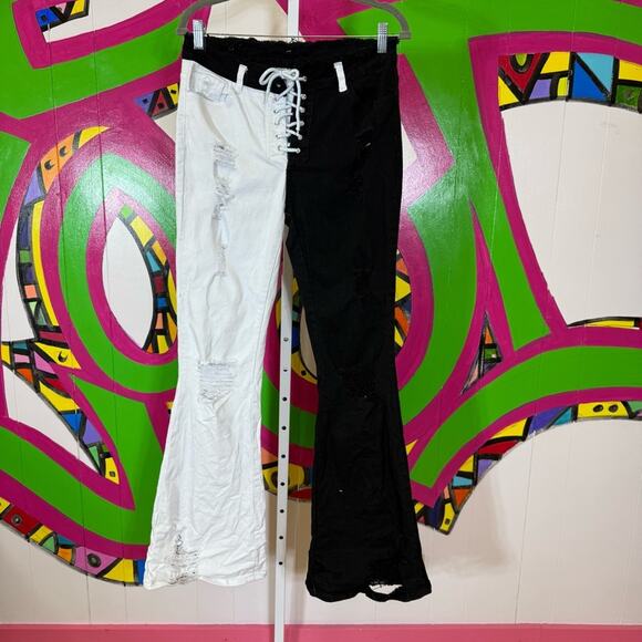 SHEIN Women's Black and White Pants Cruella De Ville, Size Large. Flare Distress - Picture 1 of 8